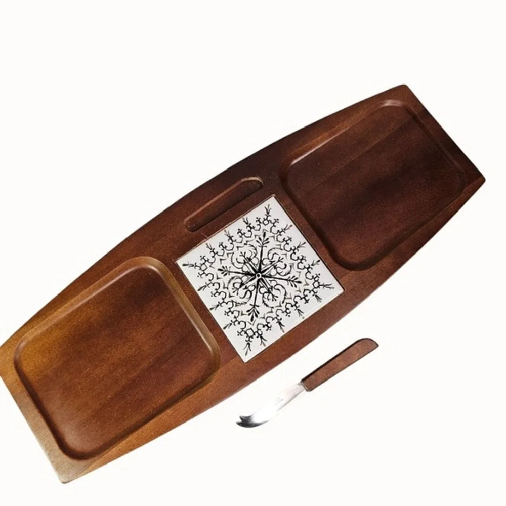 Cheese Board Set With Knife Ceramic Tile MCM Hardwood Japan Mid Century‎ Has Box